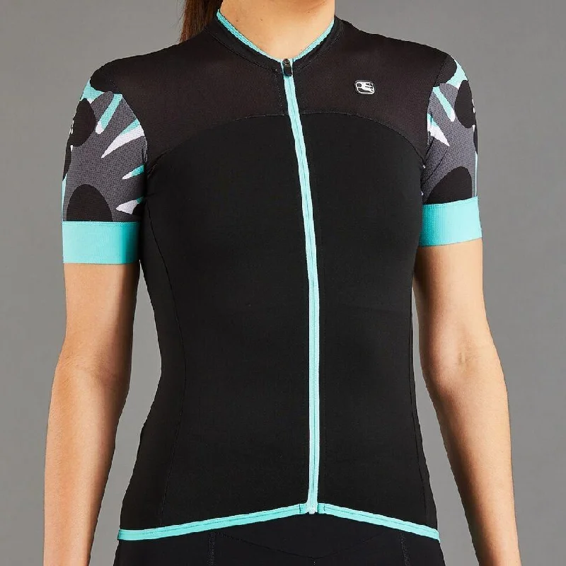 Giordana Women's Lungo Short Sleeve Jersey - Black with Mint-Grey Accents V Neck Jersey Blouse