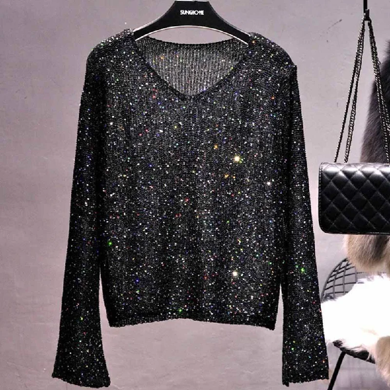 Shinny Sequined V-neck Trumpet Sleeve Sweater Toggled Drawstring Belted