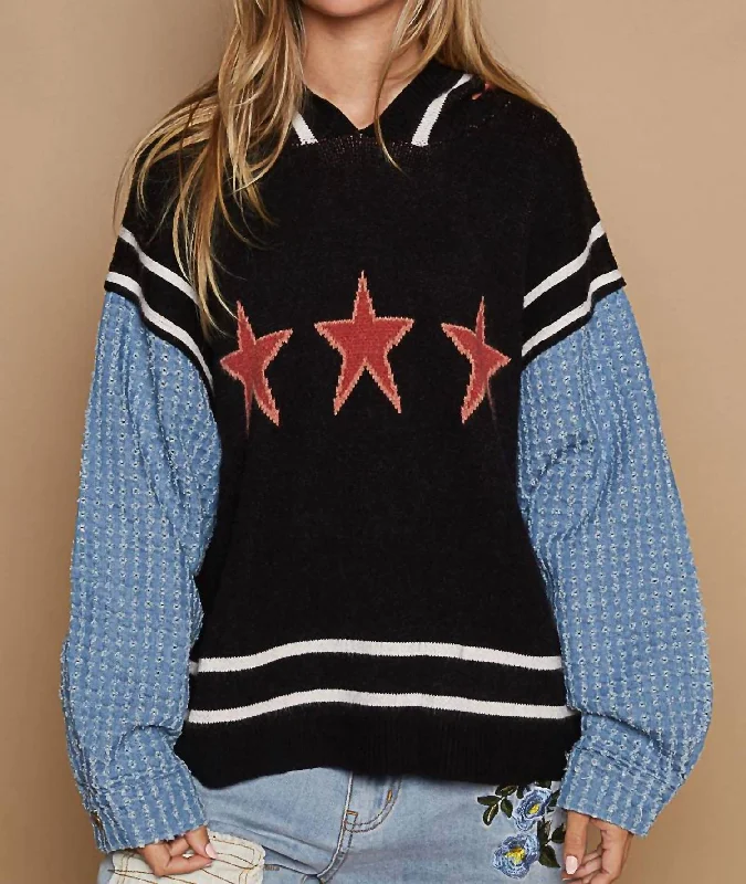 Star Hooded Sweater In Black Nylon Fabric Polyester Fabric Spandex Fabric