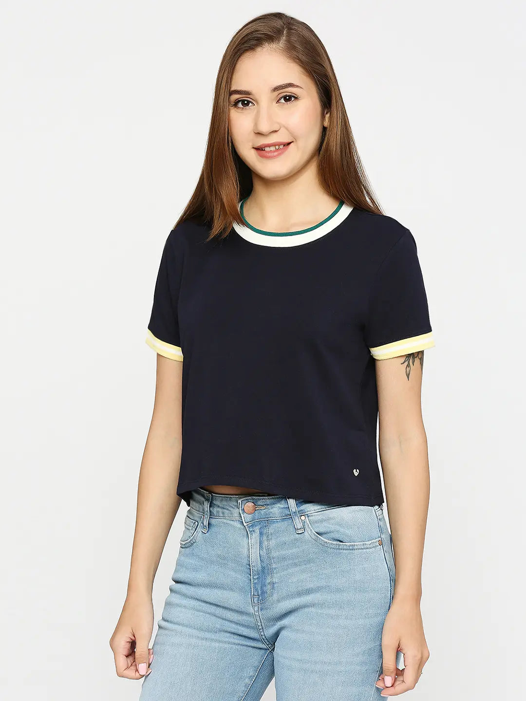 Spykar Women Navy Blue Cotton Slim Fit Round Neck Plain Crop Top Chenille Brocade Lace