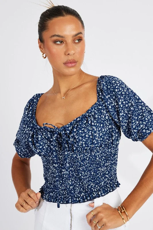 Blue Floral Crop Top Short Sleeve Satin Blend Silk Blend Wool Blend