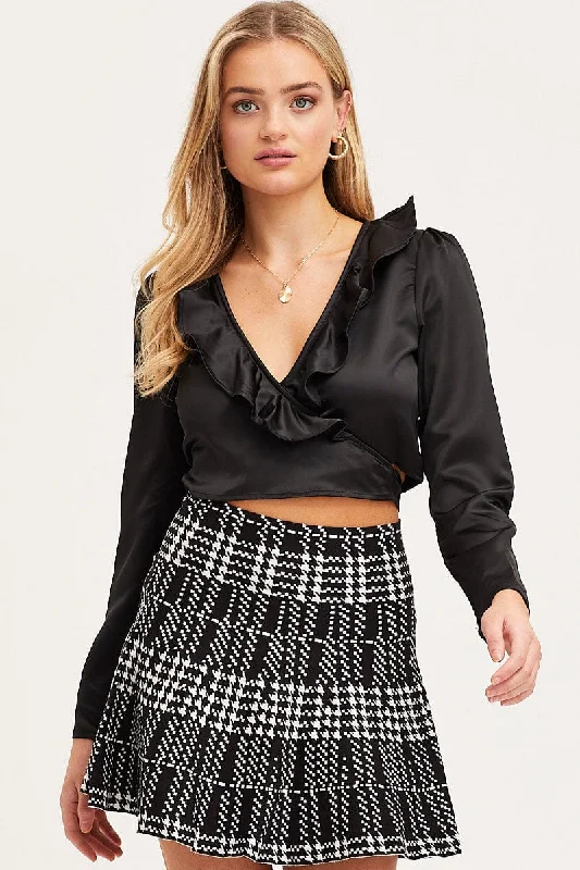 Black Crop Top Long Sleeve V-Neck Silk Blend Satin Velvet