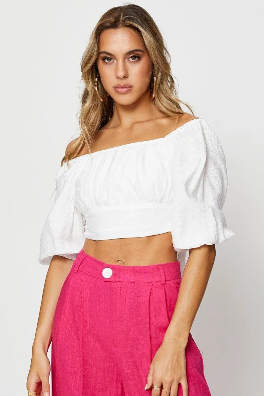 White Crop Top Short Sleeve Tie Up Anti-Pilling Machine Wash Handmade