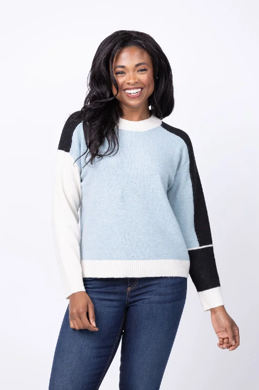 Central Park West Billie Blocked Crewneck Sweater in Blue Multi Zippered Buttoned Snapped