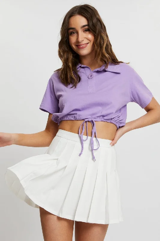 Purple Polo Collar Drawstring Crop Top Terry Blend Velvet Blend Canvas Blend
