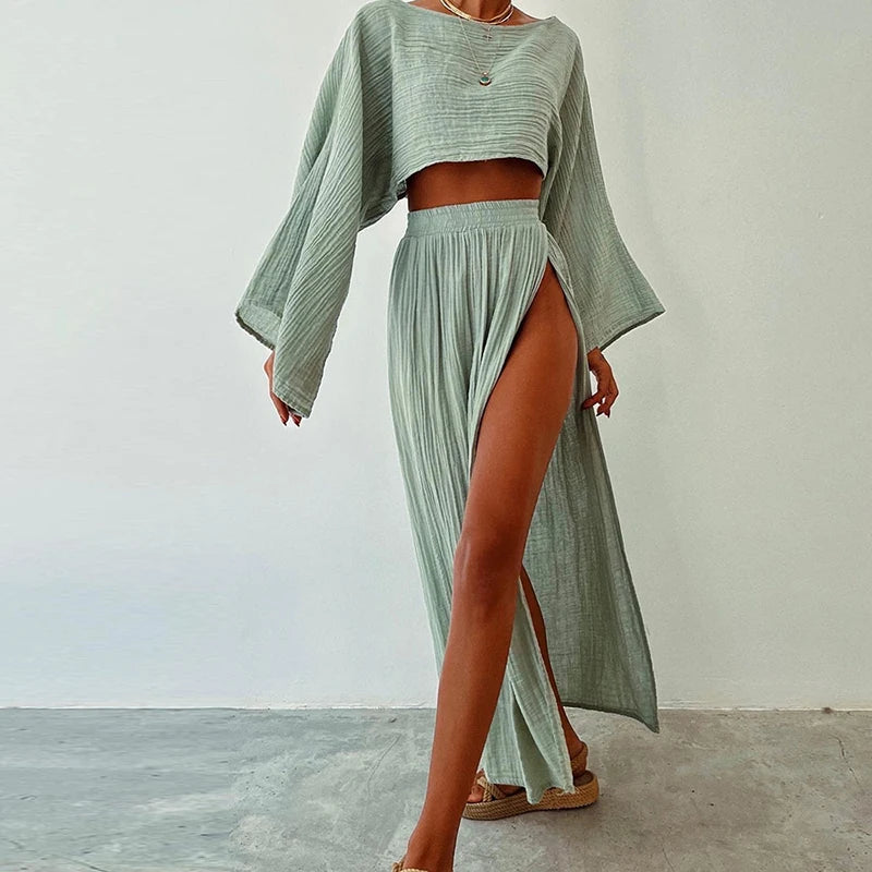 Tanny's Cotton Linen 2 Piece Summer Sets Crop Top High Waist Slit Skirt Summer Crop Top Casual Short Sleeve