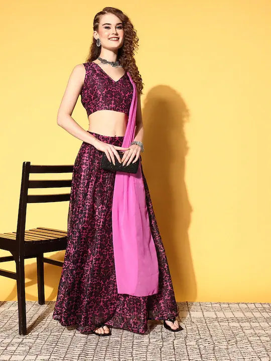 Women Pink Floral Crop Top With Aanrakali Skirt Terry Blend Velvet Blend Canvas Blend