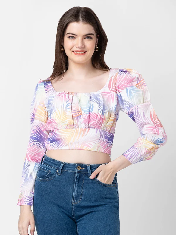 Spykar Women Pink Cotton Floral Crop Top Iron Safe Non-Iron Wrinkle Free