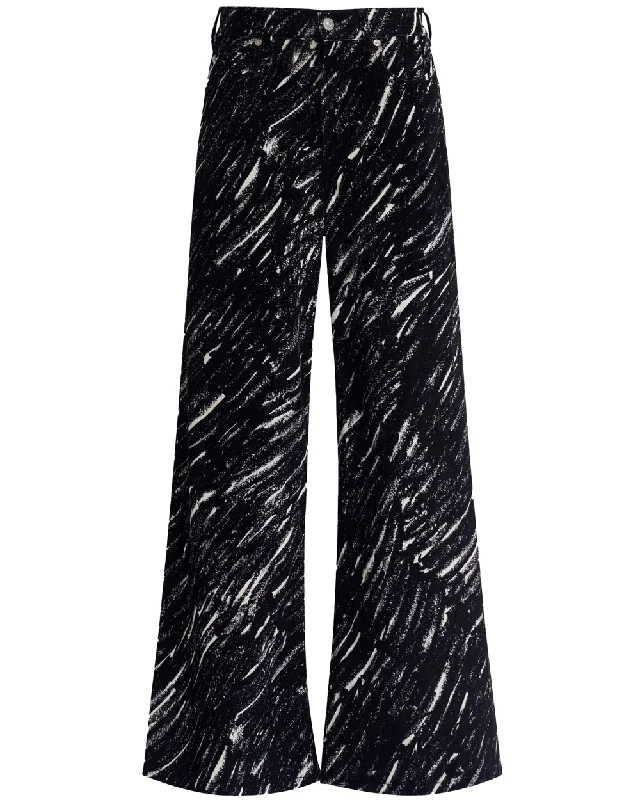 Black Crayon Print Wide Leg Flare Trouser Trousers Leather Faux