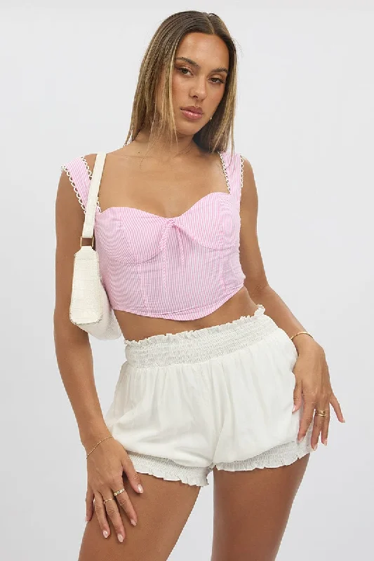 Pink Stripe Crop Top Sleeveless Corset Cotton Fabric Linen Fabric Terry Fabric