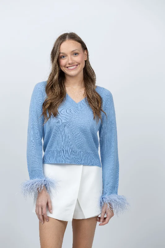 Milly Feather Cuff Sweater in Ice Blue Satin Blend Silk Blend Wool Blend