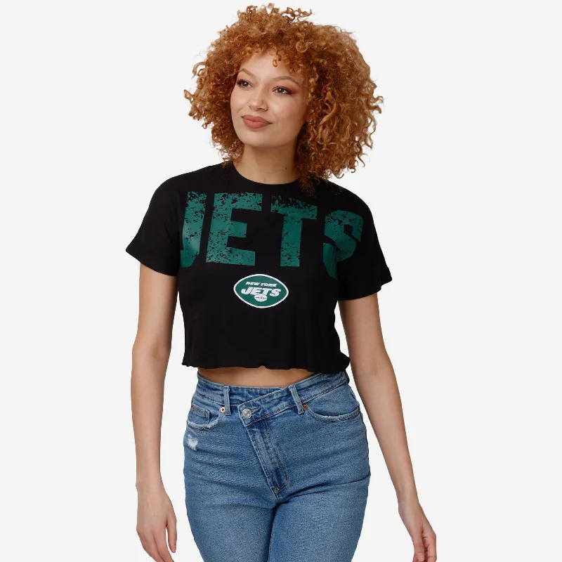 New York Jets Womens Distressed Wordmark Crop Top Satin Fabric Silk Fabric Chiffon Fabric