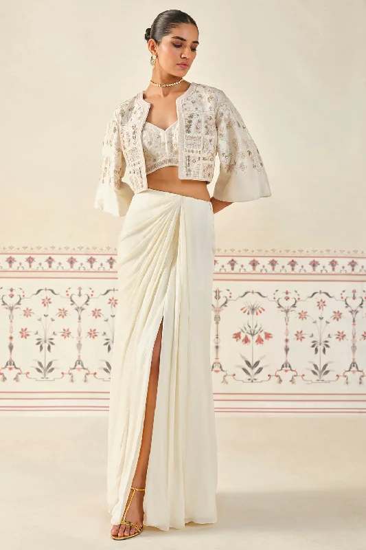 Mesnata Embroidered Skirt Set - Ivory wool skirt warm