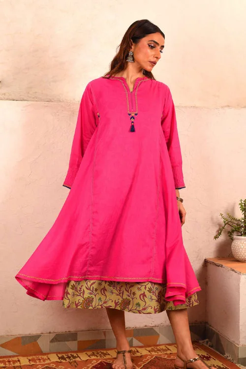 Rangsutra Saheli Double Layer Hand Embroidered Pink Mulmul Cotton Kurta Dress With Printed Beige Slip Tunics Sale discount