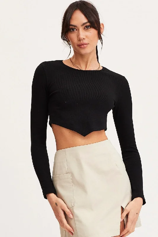 Black Crop Top Long Sleeve Crew Neck Seamless Iron Safe Non-Iron Wrinkle Free