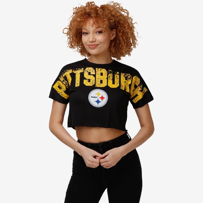 Pittsburgh Steelers Womens Distressed Wordmark Crop Top Crop Top Seamless Stretchy