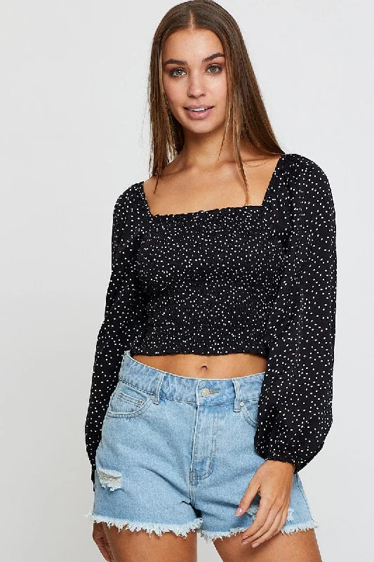 Polka Dot Crop Top Long Sleeve Sequined Glittery Shiny