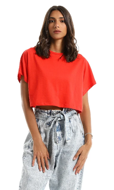 98844 Basic Round Loose Red Crop Top Notch Collar Peter Pan Collar Cowl Neck