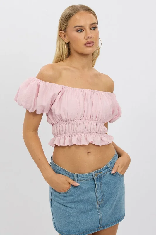 Pink Ruffle Crop Top Puff Sleeve Spandex Blend Rayon Blend Denim Blend