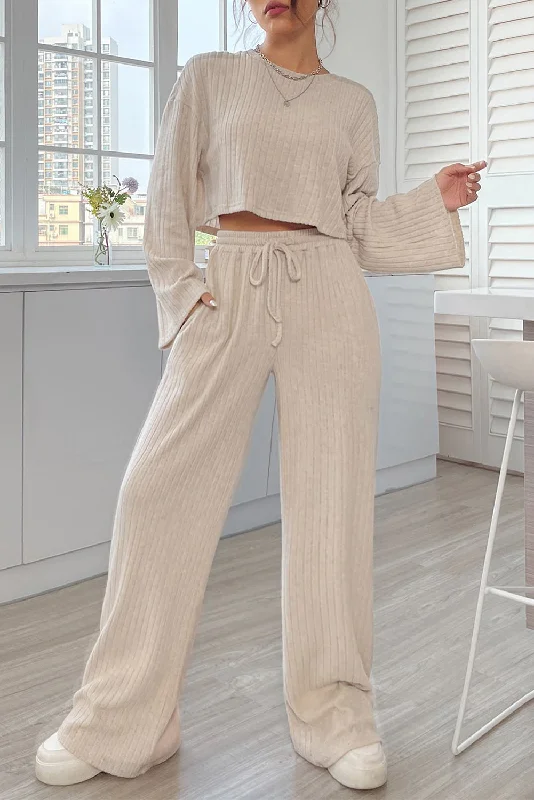 Khaki Ribbed Knit Bell Sleeve Crop Top Drawstring Pants Set Satin Fabric Silk Fabric Chiffon Fabric