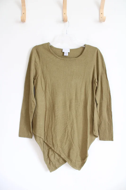 Soft Surroundings Olive Green Asymmetrical Hemline Soft Sweater | M Denim Fabric Leather Fabric Suede Fabric