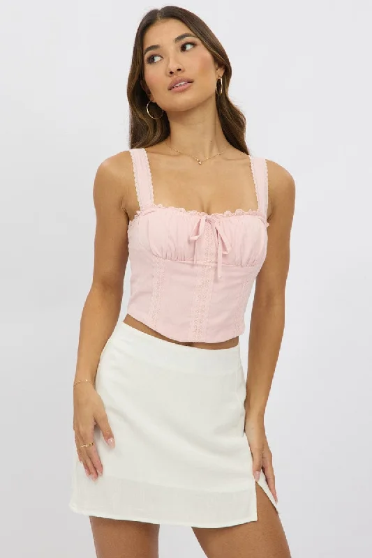 Pink Corset Crop Top Sleeveless Ruched Bust Lace Trim Nylon Fabric Polyester Fabric Spandex Fabric