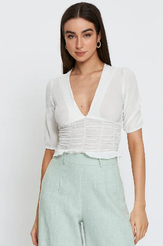 White Crop Top V-Neck Denim Fabric Leather Fabric Suede Fabric