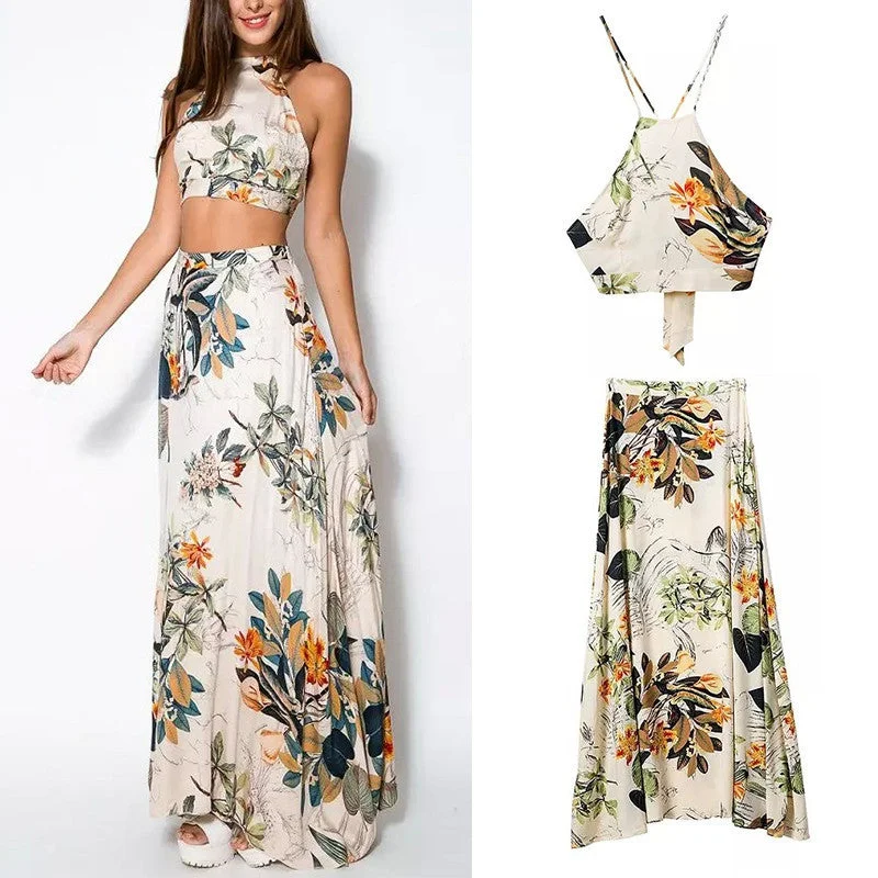 Women 2 Piece Set Crop Tops Bodycon+Long Maxi Skirt Party Floral Beach Dress Collared Crew Neck Turtle Neck