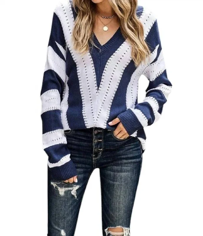 Diana Chevron Sweater In Blue/white Modern Contemporary Chic