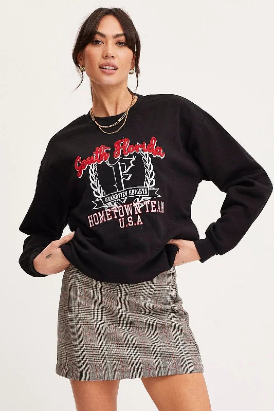 Black Graphic Sweater Embroided Plaid Sweater Polka Dot Checkered