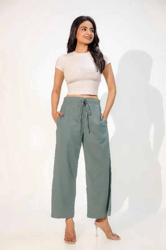 Teal Green Women's Plazzo Trousers Cropped Trousers Casual Linen