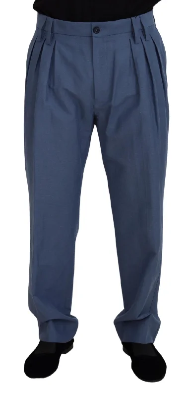 Elegant Blue Linen-cotton Blend Trousers Trousers Corduroy Warm