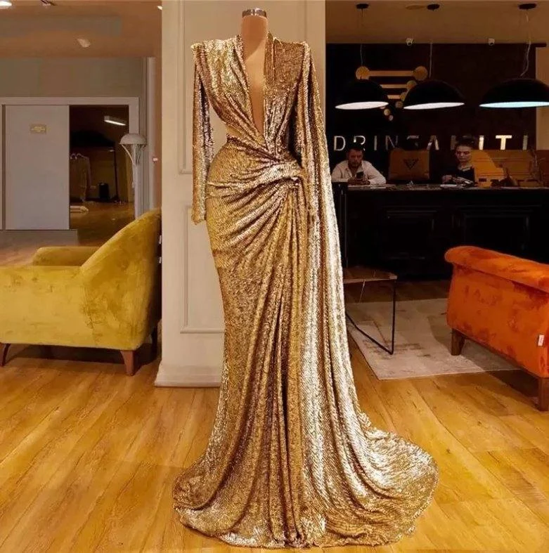 Gold Evening Dresses A-line V-neck Long Sleeves Sequins Long Turkey Dubai Saudi Arabic Evening Gown Prom Dresses Tunics Practical durable Gold Evening Dresses A-line V-neck Long Sleeves Sequins Long Turkey Dubai Saudi Arabic Evening Gown Prom Dresses Tunics Practical durable