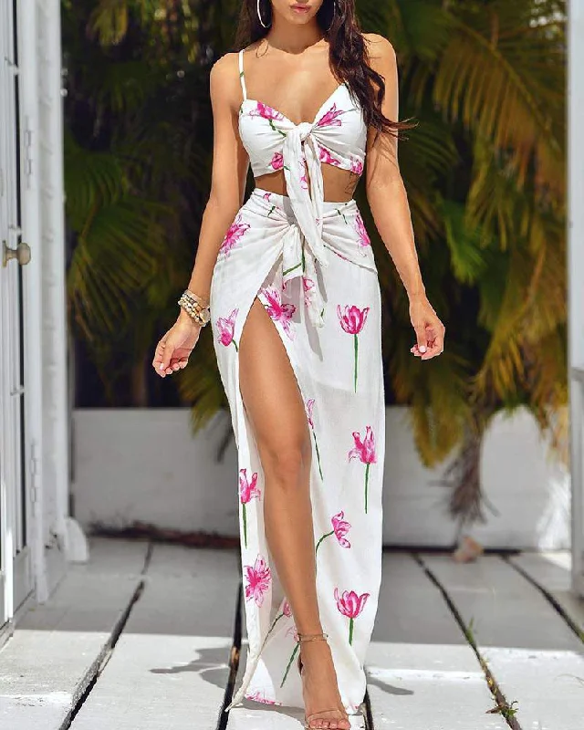 Floral Print Tie Front Crop Top High Slit Maxi Skirt Set Polka Dot Checkered Tartan