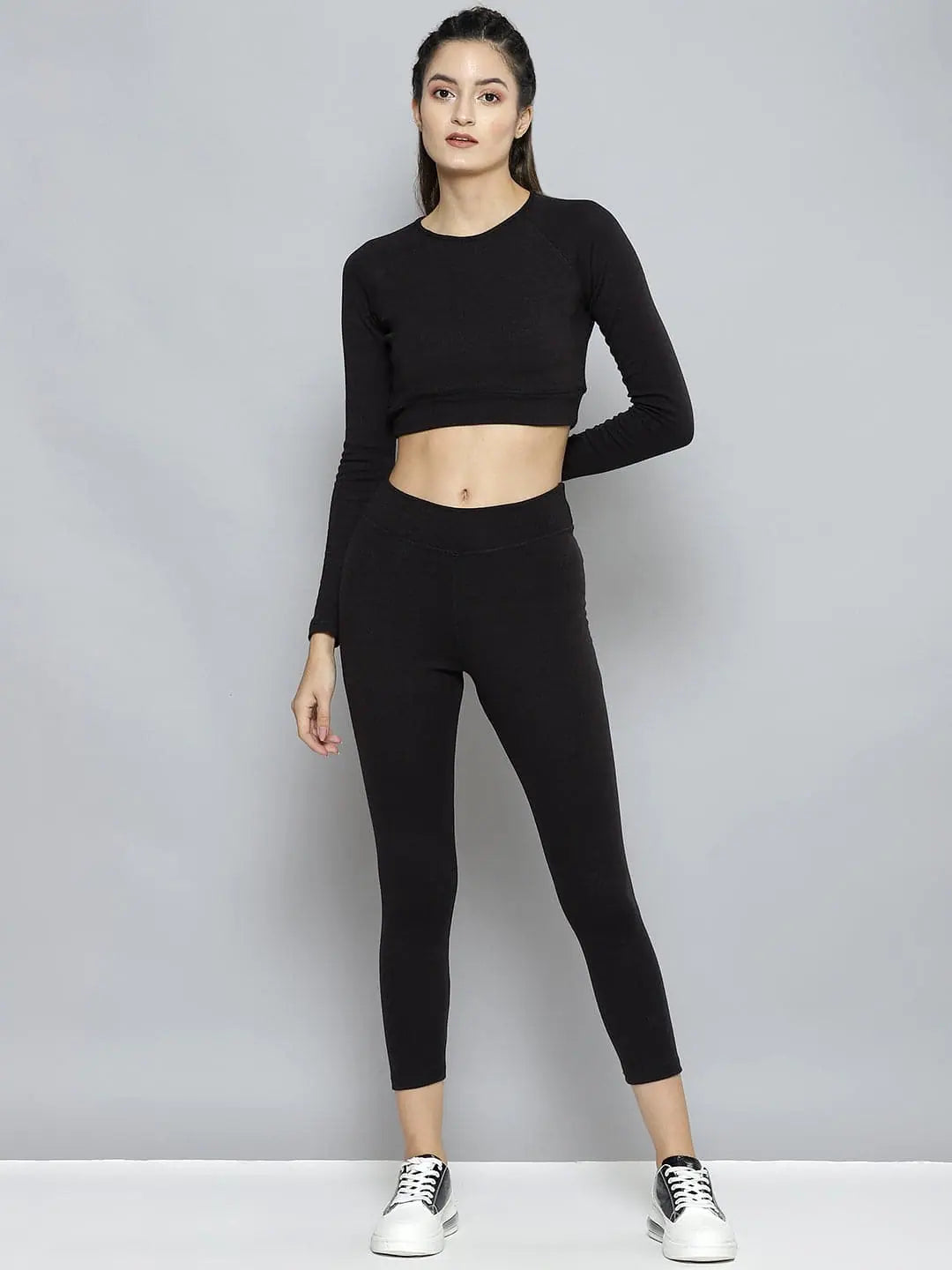 Women Black Rib ACTIVE Crop Top With Tights Striped Floral Plaid