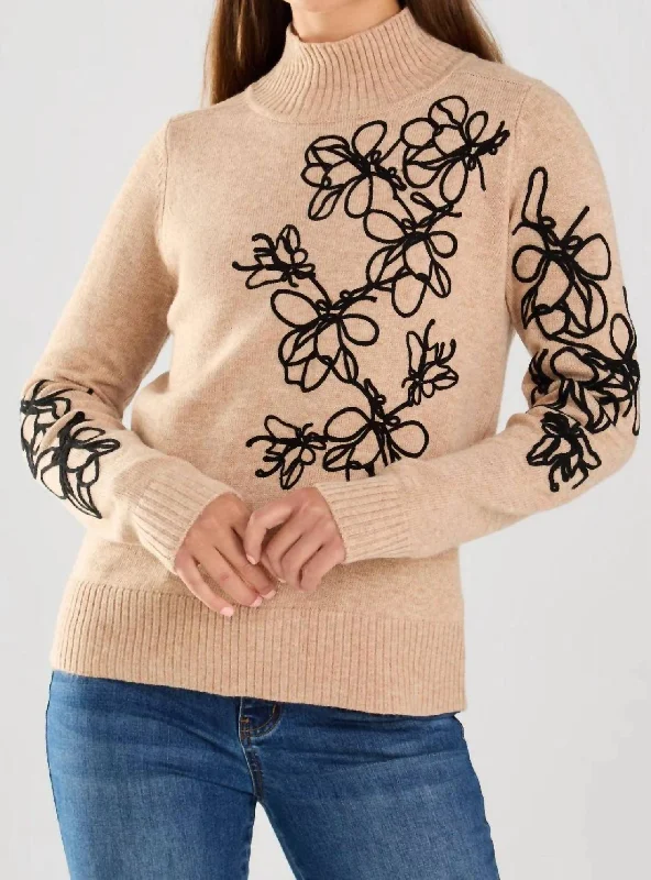 Long Sleeve Embroidered Sweater In Beige/black Stretchy Elastic Breathable