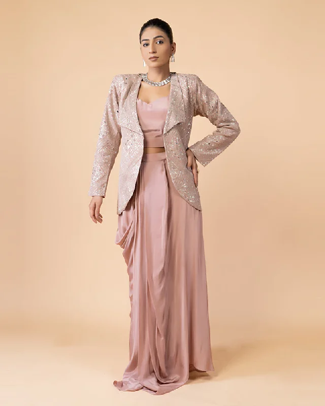 Rose pink Silk Draped Skirt with Crop Top and Heavy Work Jacket Embroidered Appliqued Beaded