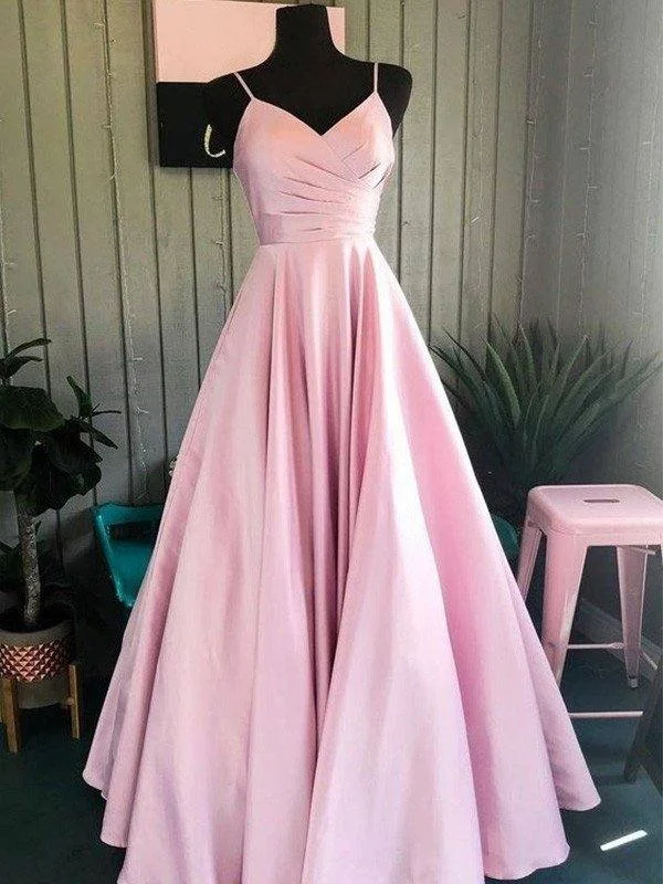 A-Line/Princess Satin Ruched Spaghetti Straps Sleeveless Floor-Length Dresses Tunics Office stylish