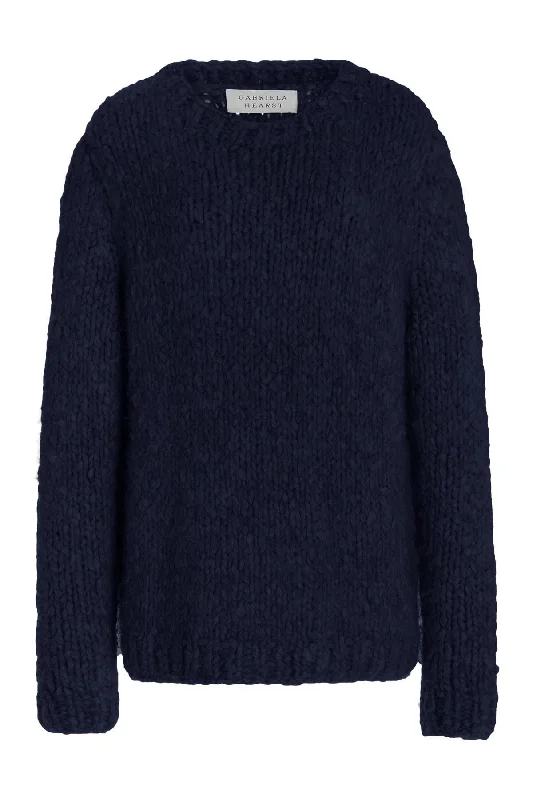 Lawrence Knit Sweater in Dark Navy Welfat Cashmere Solid Print Embellished