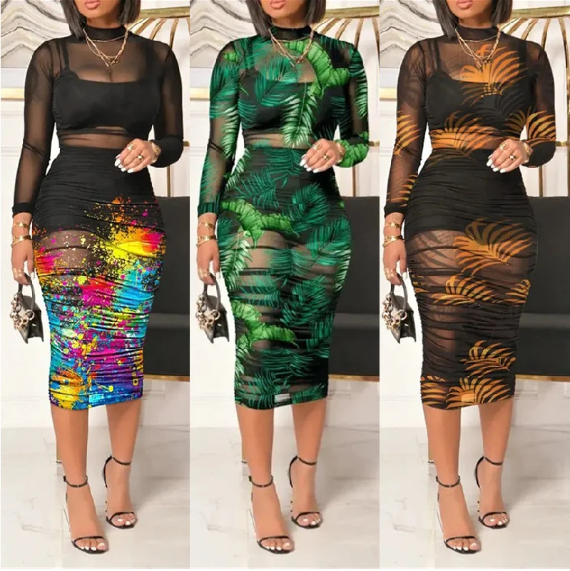 Printed Sexy Mesh Dress 3pc （CL10307） Tunics Sophisticated sleek