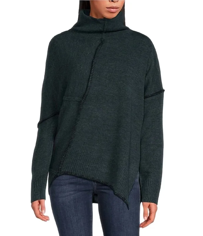 Turtleneck Long Sleeve Asymetrical Sweater In Teal Blue Turtle Neck Boat Neck Asymmetrical Neck