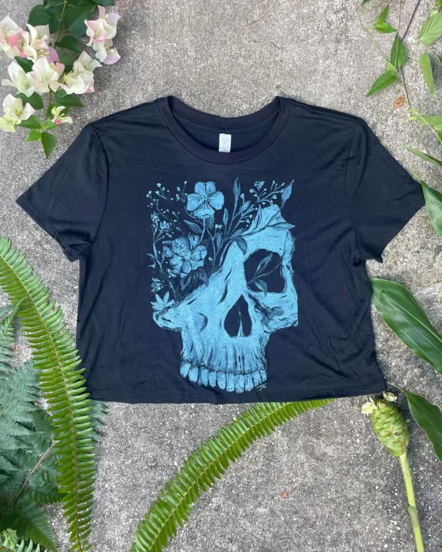 Life and Death V - Women's Fulfilled Skull and Floral Crop Top Silk Blend Satin Velvet