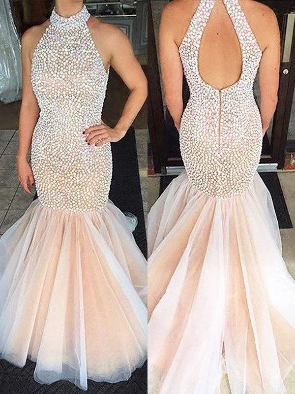 Trumpet/Mermaid Halter Sleeveless Beading Tulle Sweep/Brush Train Dresses Tunics Gym athletic