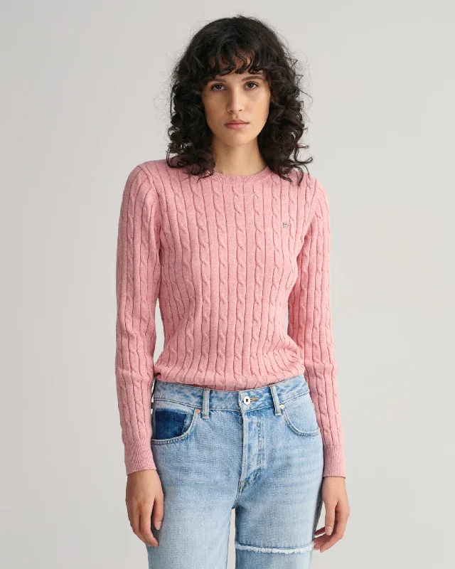 Stretch Cotton Cable Knit Crew Neck Sweater - Autumn Sunset Chenille Blend Fleece Blend Nylon Blend