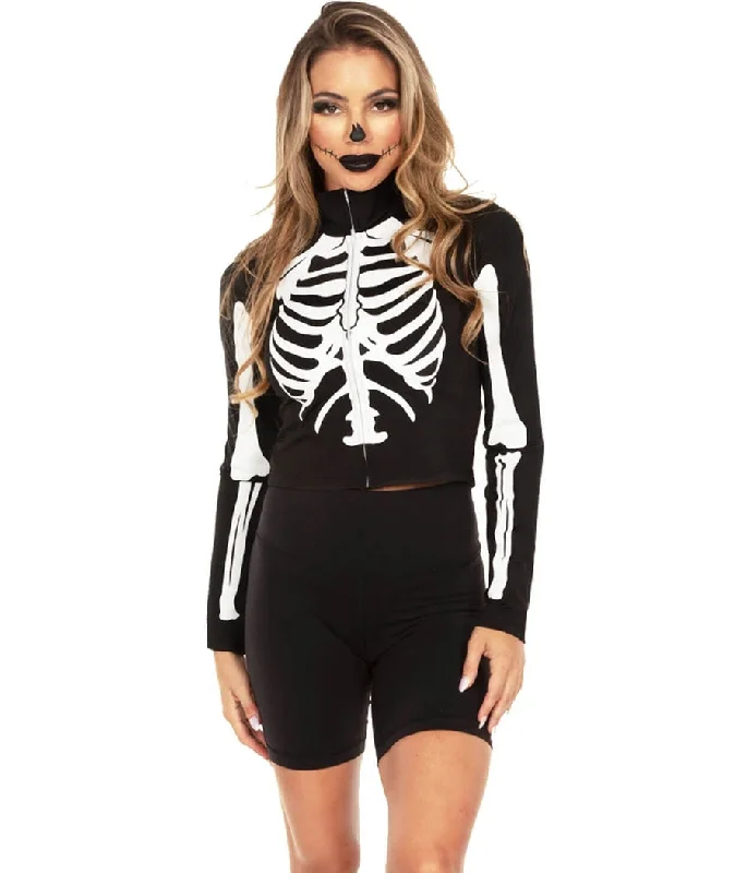 Women's Skeleton Long Sleeve Crop Top Beaded Sequined Faux Fur