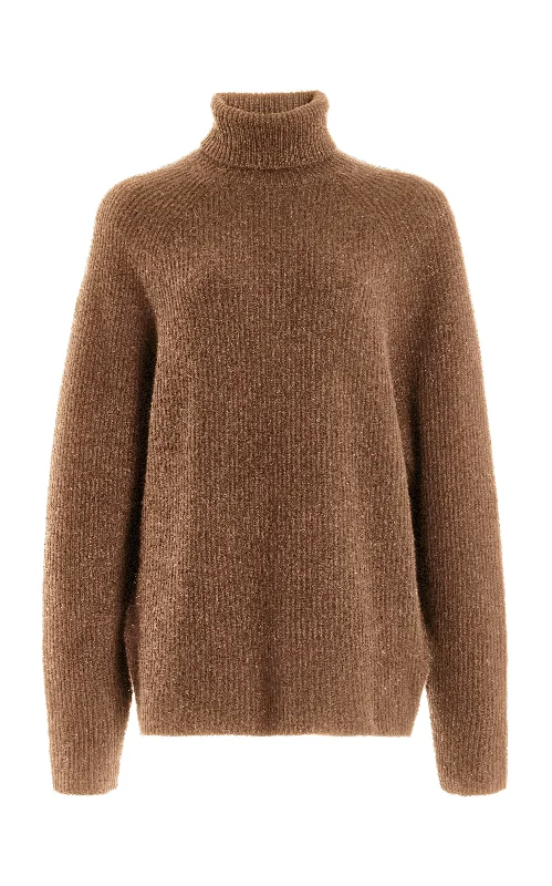 Wigman Knit Turtleneck Sweater in Cognac Cashmere Neon Metallic Matte