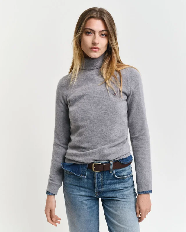 Extra Fine Lambswool Turtleneck Sweater - Grey Melange Silk Blend Satin Velvet