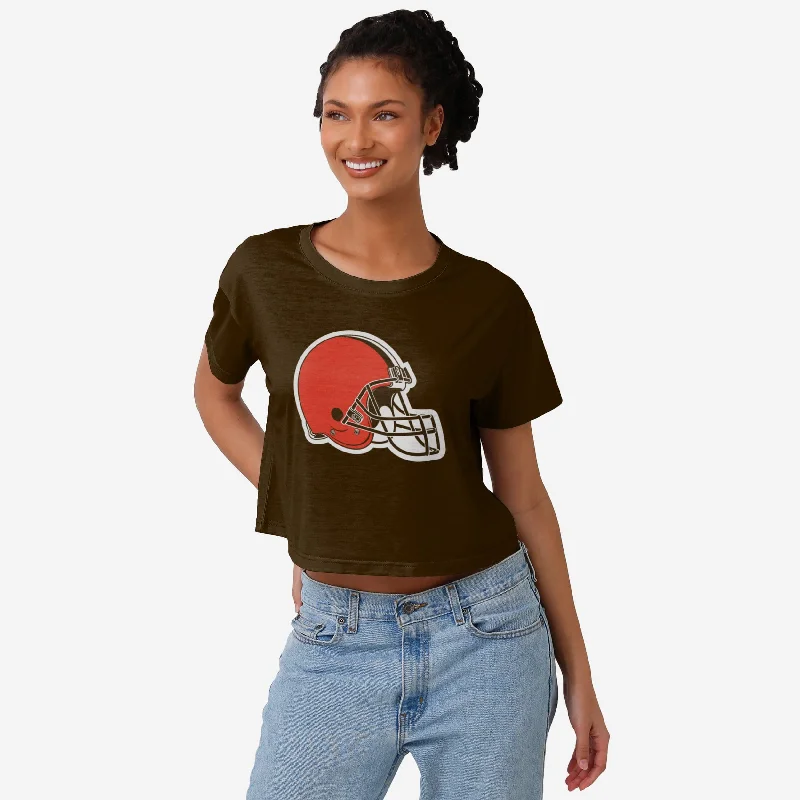 Cleveland Browns Womens Solid Big Logo Crop Top Jersey Fabric Tulle Fabric Batik Fabric