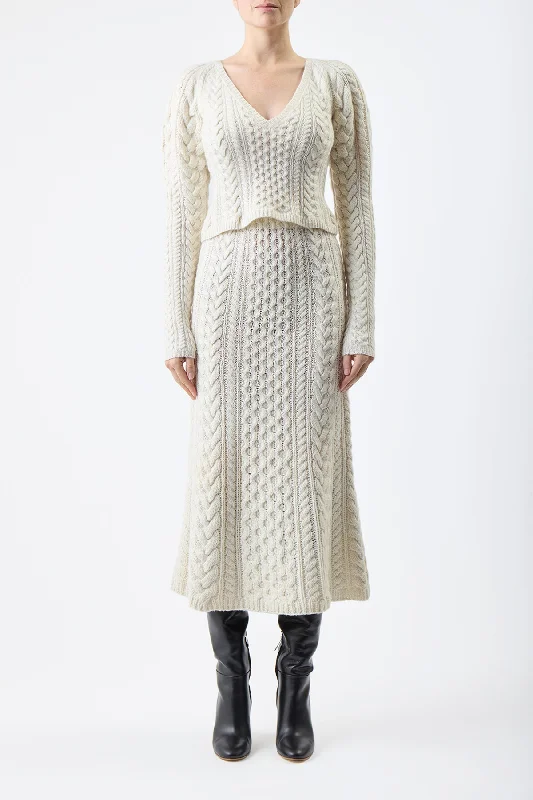 Arwel Knit Sweater in Ivory Cashmere Real Fur Shearling Chenille