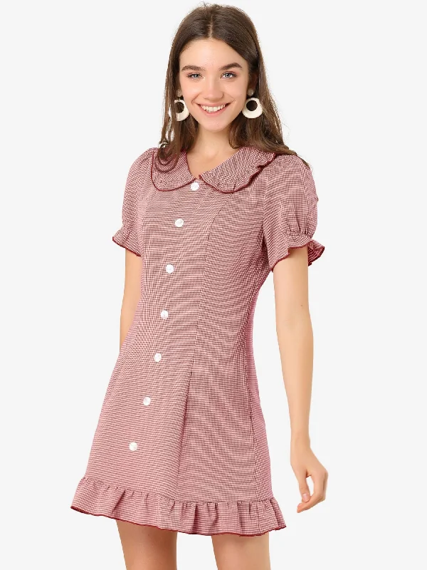 Plaid Gingham Ruffled Retro Peter Pan Collar Dress Off-the-shoulder Chic Trendy